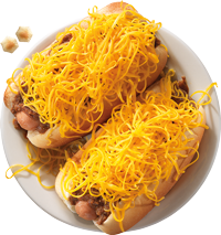 Overhead Coney – Cheese Coneys are served on freshly steamed buns.