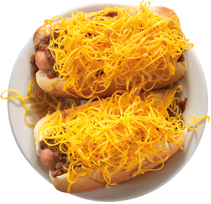Overhead Coney – Cheese Coneys are served on freshly steamed buns.